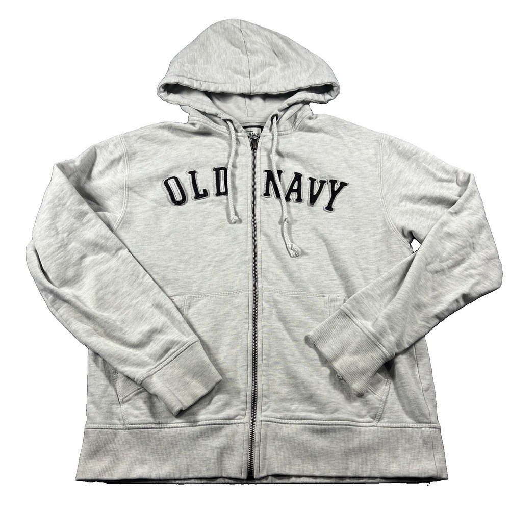 OLD NAVY Vintage Cotton Fleece Embroidered Logo Zip Up Hoodie Grey Womens M